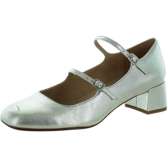 Madewell Womens Silver Leather Metallic Block Heel Mary Jane Nettie Heels Shoes - Picture 1 of 3